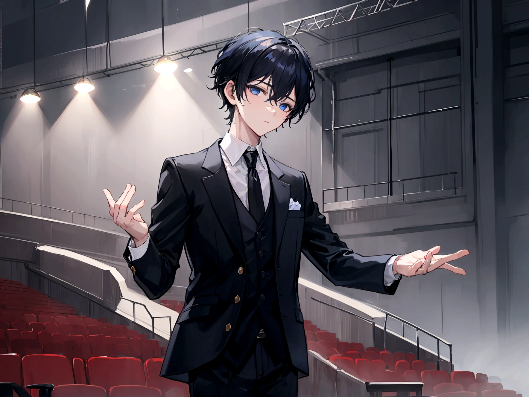 1boy, short black hair, blue eyes, wearing a suite, concert hall, music note on hair, high res, ultrasharp, 8K, masterpiece, looking at viewer