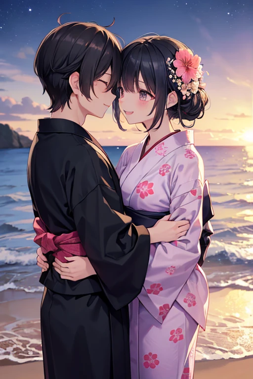 View of a beach with a body of water under the stars,Meteor-like path,浴衣を着た大人のmalefemaleのカップル,laughing,Gazing at each other,Kiss each other,romantic,Two people making love in a beautiful place,Tanabata,I can see the silhouette,Black Hair_male,Black yukata_male,Dark Chestnut Hair_female,Pale pink yukata_female,Floral Yukata_female,Flower Hair Ornaments_female,Shadow,Beautiful views,Dark Night,Midnight