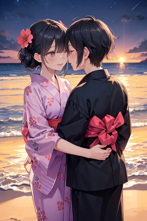 View of a beach with a body of water under the stars,Meteor-like path,浴衣を着た大人のmalefemaleのカップル,laughing,Gazing at each other,Kiss each other,romantic,Two people making love in a beautiful place,Tanabata,I can see the silhouette,Black Hair_male,Black yukata_male,Dark Chestnut Hair_female,Pale pink yukata_female,Floral Yukata_female,Flower Hair Ornaments_female,Shadow,Beautiful views,Dark Night,Midnight