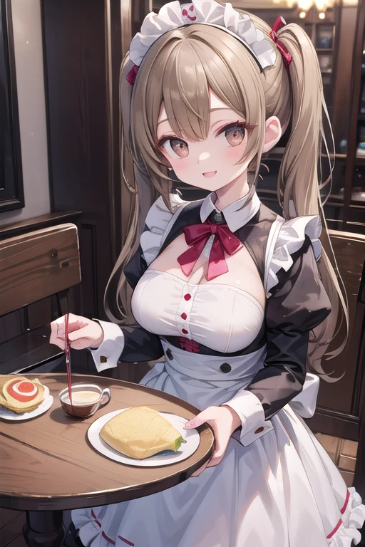 Solo Girl, ,, Twin tail hair, Light brown hair, Brown eyes, Center of chest, Highest quality, High resolution, Very detailed, Detailed Background, Perfect lighting、Inside the maid café、Are standing,Holding an omelet,Put on the table,Cute maid outfit、very cute,Large Breasts,Cute eyes,Puffy eyes,smile,