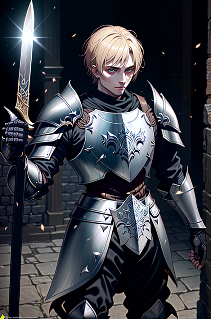 a man in armor holding a sword and a shield, pale black armor, berserk knight black armor, black soul armor concept, knight of dark souls, knight of dark souls, Elden Ring character, evil knight, in monster hunter armor, with Robert Pattinson's face wearing antique knight armor, similar to Marvel's Black Knight, very strong, Marvel Hero style, 8K, better quality and full body in the image, on battlefield.