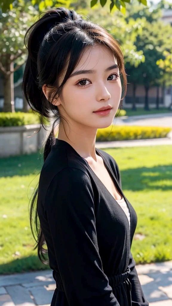 dress,outdoors,Urban Park,On the lawn,One woman,close up face,fully body photo,masutepiece, The highest image quality, High quality, the background is clear,Beautiful woman, Japanese, Detailed, Ultra-detailed, finely detail, hight resolution, 8K Wallpaper, Perfect dynamic composition, Beautiful detailed eyes ,Detailed eyes, Detailed skin, Beautiful skin, 超hight resolution, (reality: 1.4),Very beautiful woman, Slightly younger face, Beautiful skin, slender, (Ultra photo realsisim), (hight resolution), (8K), (Very detailed) (beautifully detailed eyes), (super detailed), (Detailed face), view the viewer, Fine details, Detailed face, Staring straight ahead, Staring straight ahead, photos realistic, Bright lighting, Professional Lighting, Black hair,poneyTail,a baby face,sixteen years old,Hairstyle: ponytail,Long ponytail hairstyle,slight smile,