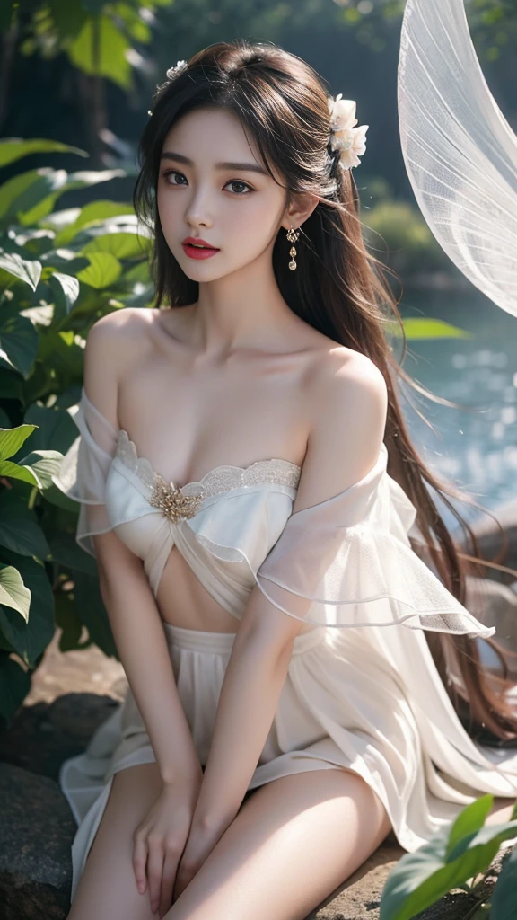 ((gufeng, bare shoulders)),(masterpiece, best quality:1.2), 1girl, solo, In the depths of Wonderland,The moonlight falls like water,foggy room,The figure of the heroine is vaguely visible,Just like the fairy in the painting,Slender sexy legs,Very nice legs,Leaking sexy legs,Big breasts,Beautiful with a hint of mystery。Her face is beautiful and delicate,Like finely carved jade,Showing otherworldly beauty。The eyebrows are picturesque,The waves in my eyes are like twinkling stars,Show the light of perseverance and wisdom。The bridge of the nose is straight,Lip color like cherry,The slightly raised corners of the mouth reveal confidence and calmness。Her face is well defined,The skin is as fair as jade,Reveals a healthy glow,Just like a fairy, she never eats fireworks in the world。Her makeup is light and delicate,Not too much embellishment,But enough to show her temperament and charm。Light-colored foundation brings out the transparency of the skin,A light eyebrow pencil outlines her perfect eyebrow shape,Eye makeup is eye shadow and eyeliner,Make her eyes brighter and more energetic。Lips painted with grace lipstick,Adds a bit of charm and sophistication。Her clothes are graceful and chic,Clothes flutter,It seems like it will be blown up by the wind at any time,drifting into the distance。Without losing grace,Also showed her extraordinary skills。Rocking with her movements。Her hair is tied back casually,Secure it with a hosta,A few strands of hair are fluttering gently in the wind,Adds a bit of softness。Her figure is looming in the fairyland,Like a big breastsbeautiful landscape,attracted everyone's attention。She seems to be a fairy in wonderland,big breastsbeautiful、grace、mystery、and full of power。