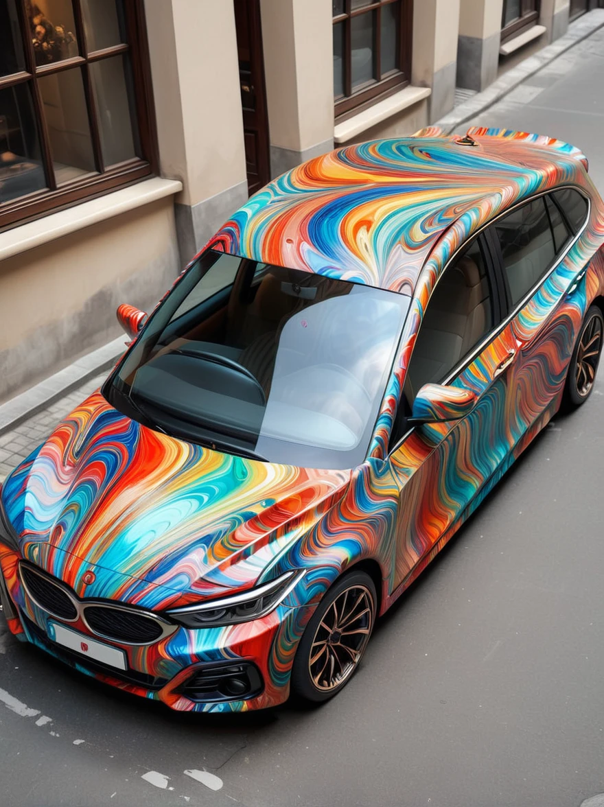 Crazy Marbled Paper Car, City (masterpiece:1.2), best quality
