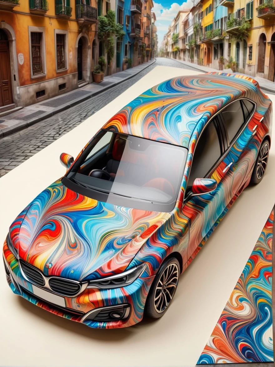 Crazy Marbled Paper Car, City (masterpiece:1.2), best quality