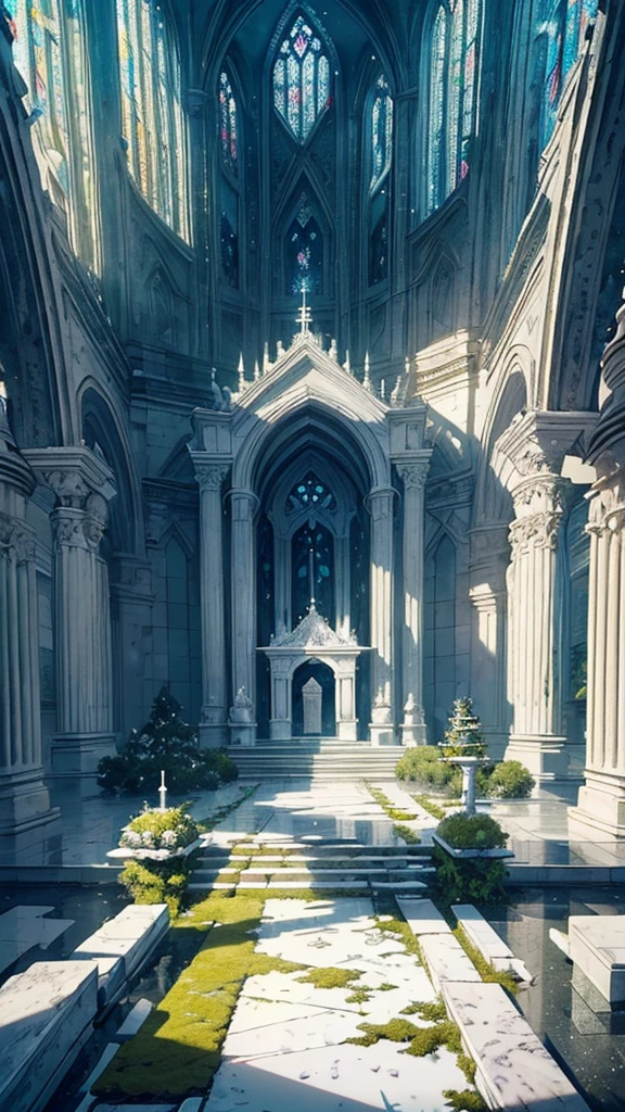 ((masterpiece, best quality)), (a super large altar, mossy stone, crystalized floor, icy, white colored tree, white colored lake, asteroid, papers everywhere, retro coloring, morning, )), dramatic lighting