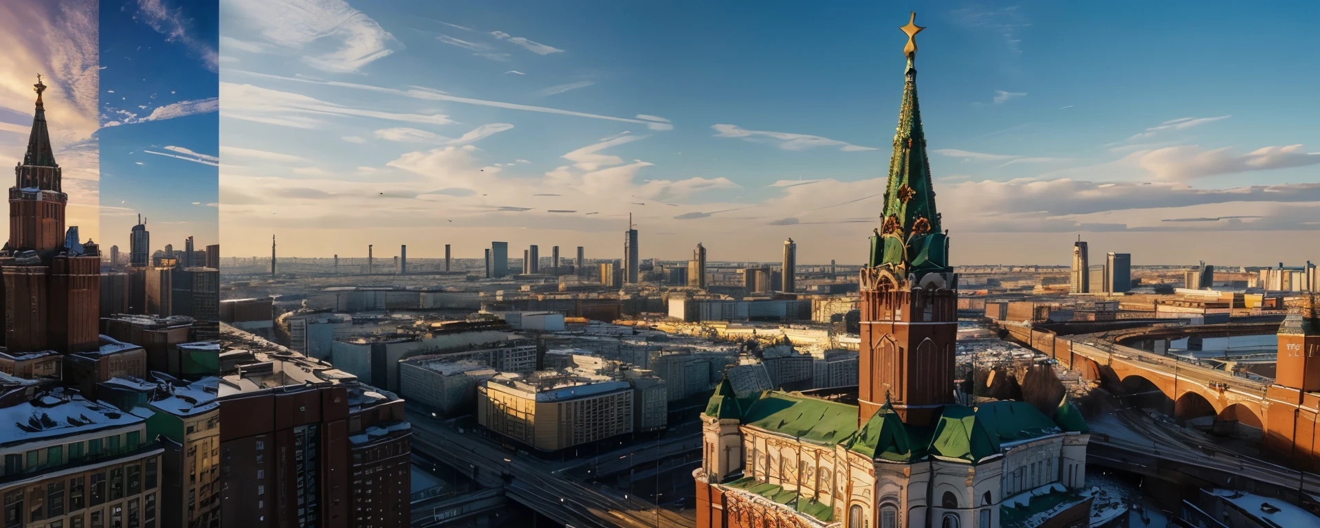 a collage of moscow landmarks, intricate photorealistic illustration, detailed architecture, iconic buildings, , detailed textures, vivid colors, dramatic lighting, wide angle composition, masterpiece, (best quality,8k,highres,masterpiece:1.2),ultra-detailed,(realistic,photorealistic,photo-realistic:1.37)