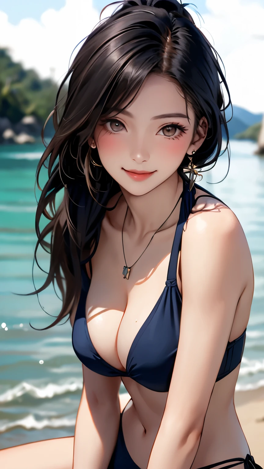 (masterpiece:1.3, top-quality, ultra high res, ultra detailed), (realistic, photorealistic:1.4), beautiful illustration, perfect lighting, natural lighting, colorful, depth of fields, 
looking at viewer, (pov, close shot), 1 girl, japanese, high school girl, perfect face, cute and symmetrical face, shiny skin, tanned skin
(long hair:1.2, ponytail:1.2, blonde hair), orange eyes, (llarge breasts, seductive thighs), thighs, 
beautiful hair, beautiful face, beautiful detailed eyes, beautiful clavicle, beautiful body, beautiful chest, beautiful thigh, beautiful legs, beautiful fingers, 
((navy bikini)), necklace, 
(beautiful scenery), evening, (tropical beaches), standing, (lovely smile, upper eyes), 