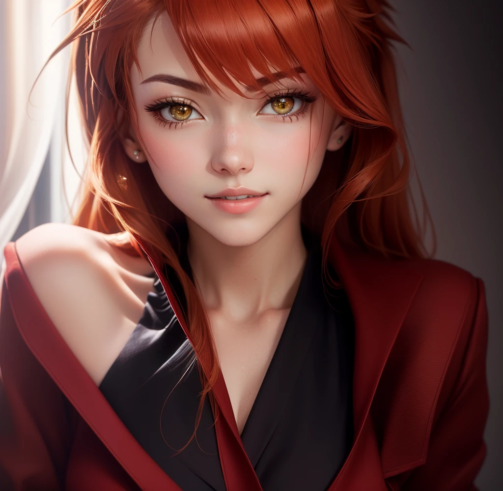 a close up of a woman in a red and black suit, asuka langley soryu, asuka langley sohryu, asuka langley, asuka langley souryuu, portrait of asuka langley soryu, full body zenkai! asuka suit, asuka suit under clothes!, portrait of beautiful samus aran, beautiful asuka from evangelion