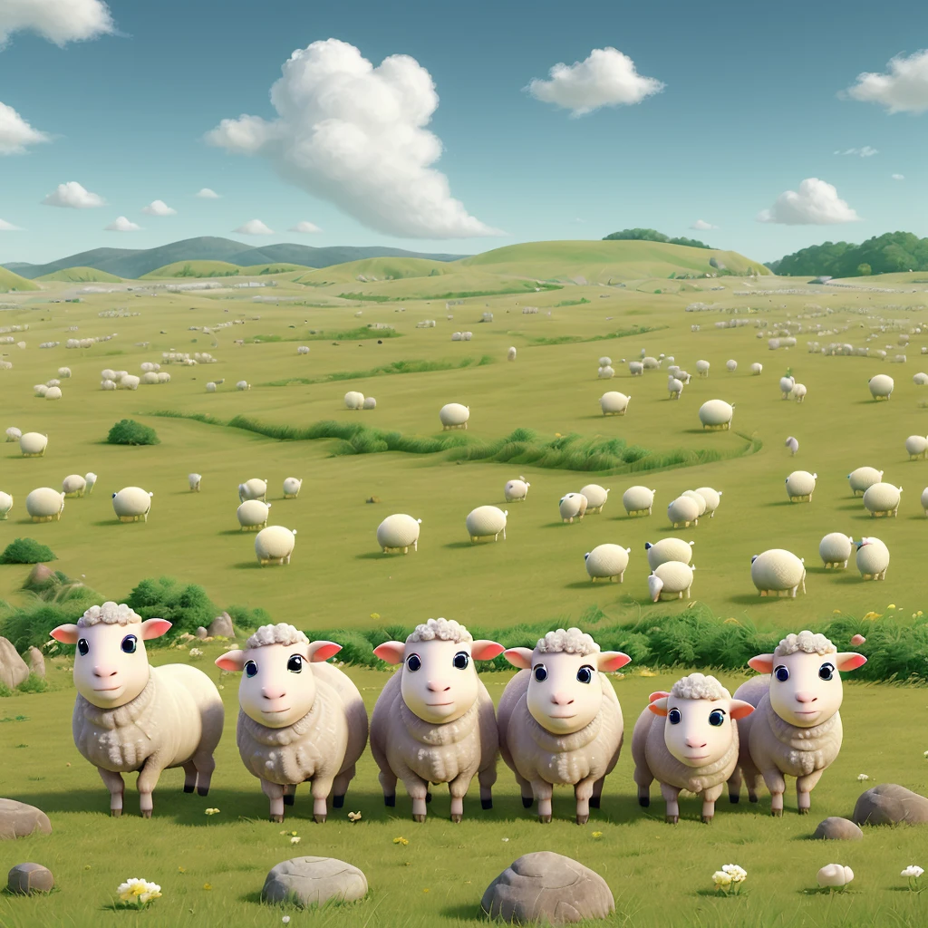 9:With aspect ratio of 16　sheep　The healing effect of grassland　smile　kind　Eyes、not big。