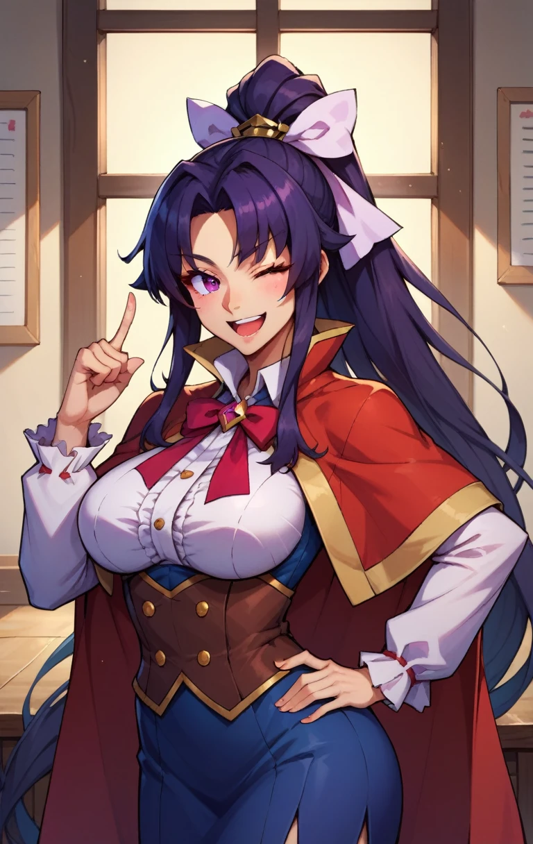 score_9, score_8_up, score_7_up, score_9, BREAK akenohimejimaSDXL, dressed like a teacher, 1girl, solo, long hair, breasts, looking at viewer, smile, open mouth, large breasts, black hair, ribbon, very long hair, , purple eyes, hair ribbon, ponytail, one eye closed, hand on hip, capelet, ;d, index finger raised, himejima akeno, cowboy shot, room background,