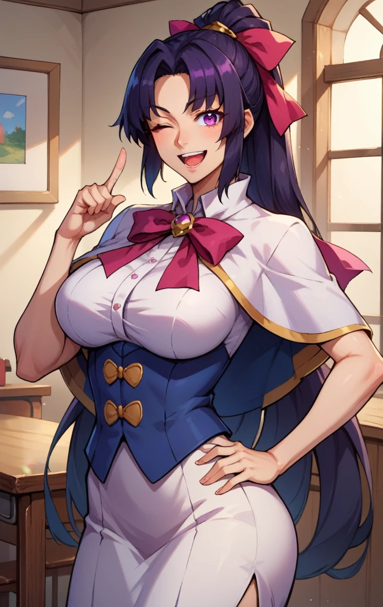 score_9, score_8_up, score_7_up, score_9, BREAK akenohimejimaSDXL, dressed like a teacher, 1girl, solo, long hair, breasts, looking at viewer, smile, open mouth, large breasts, black hair, ribbon, very long hair, , purple eyes, hair ribbon, ponytail, one eye closed, hand on hip, capelet, ;d, index finger raised, himejima akeno, cowboy shot, room background,