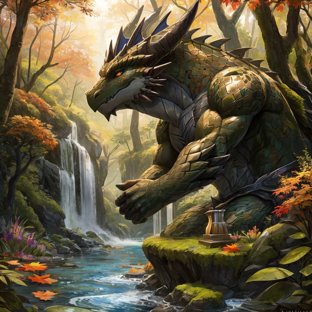 HD, World of Warcraft,tract,A beautiful and detailed portrait of a large male wild scaly cat,Petrochemical,全身Petrochemical,statue,石头statue,moss,crack,dragon, Hiroshi,Solitary, template, big Body, sexy Body, shrink Body, Brown_Anti-shading,goddess, Looking at the audience, minus, Ross Chen,Ruan Jia, Popular on ArtStation, Foxworth, light, Body, Tempting, full Body, Looking at the audience, ambient soft lighting, 4K, outdoor, nature, forest, Trees, Grass, plant, Flowers, river, Caustic lines, Water Flow, ripple, (Fall:1.2), pond, jungle, Lush leaves, (((side view,layout,Third person perspective,lower))),NSFW