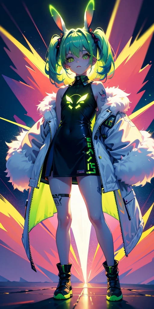 Rabbit technique , Science Fiction, Fluffy , 
1 girl, Tattoo, Glowing tattoo, Glowing eyes, Colorful glowing hair , Full body love, Green Hair,
  Kawaiitech, Soft colors, Kawaii, Lovely colors,
