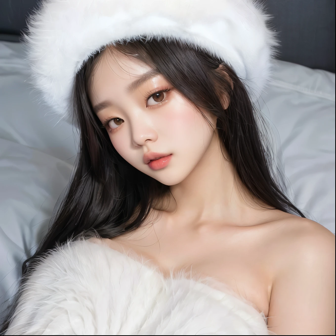 araffed woman in a white fur coat and a white hat, with white fluffy fur, gorgeous young korean woman, white fur, xision wu, gemma chen, lulu chen, gongbi, kiyoko suzuki, heonhwa choe, beautiful south korean woman, blackpink jennie, taejune kim, beautiful young korean woman, bella poarch, korean girl , Jennie , blackpink Jennie , blackpink Lisa , ulzzang , Korean famale face , cute 