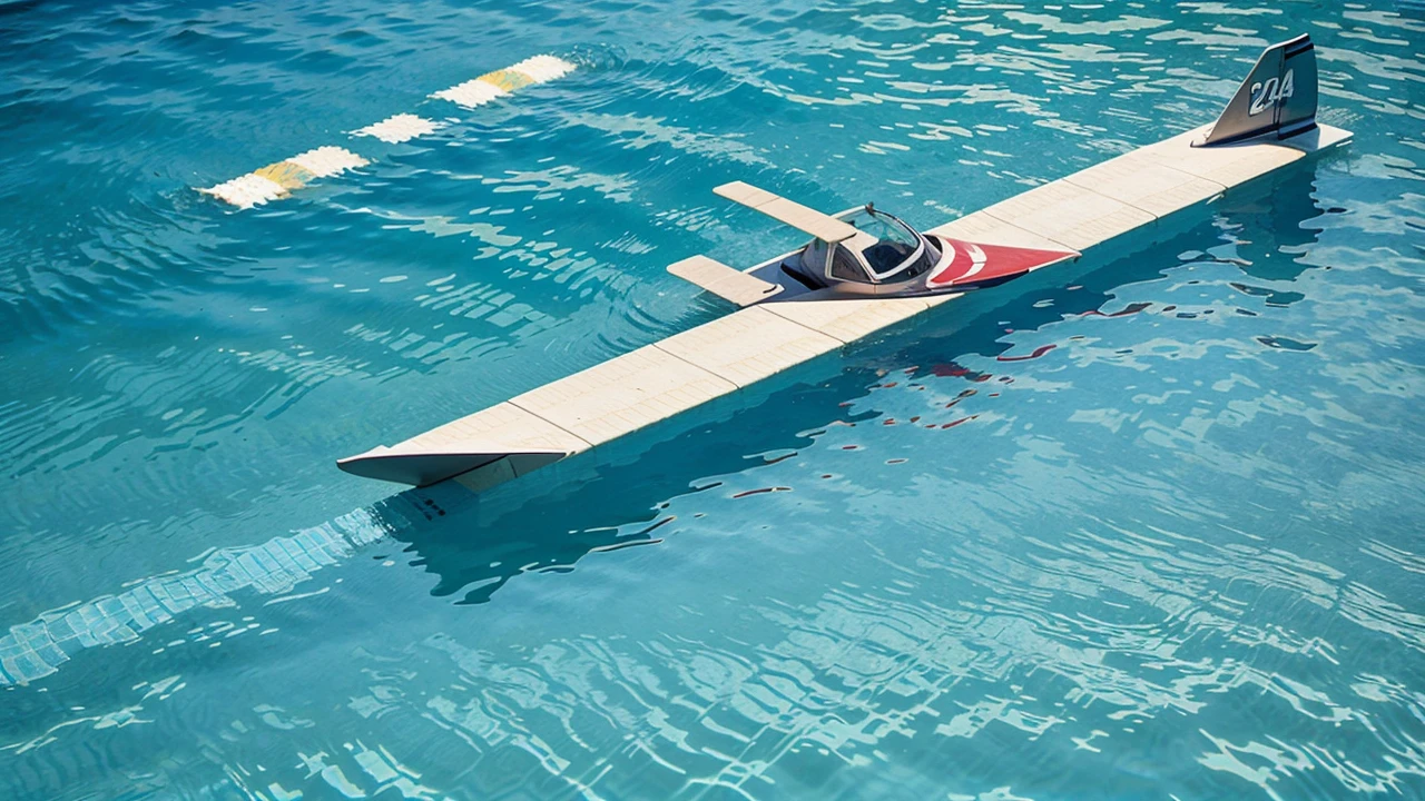 
Tight shot image of a paper origini plane sinking in a swimming pool
