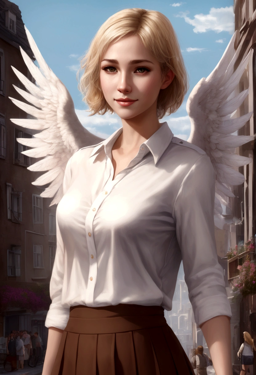 1 girl, european, fantasy, 30 years, she is wearing brown skirt, she has blond bobcut hair, she has grey eyes, she is smiling, town in the background, fantasy, realistic, detailed face, she has one angelic big wing white, flat chest