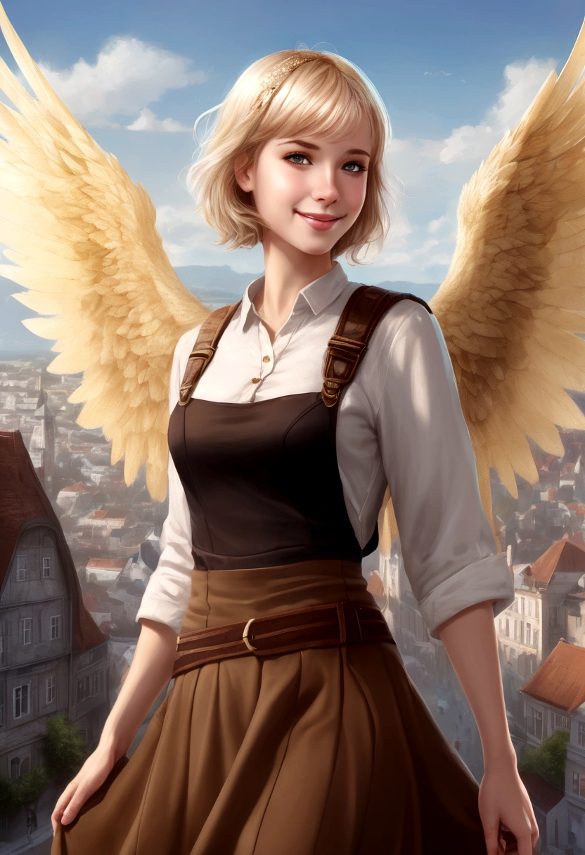 1 girl, european, fantasy, 30 years, she is wearing brown skirt, she has blond bobcut hair, she has grey eyes, she is smiling, town in the background, fantasy, realistic, detailed face, she has one angelic big wing white, flat chest