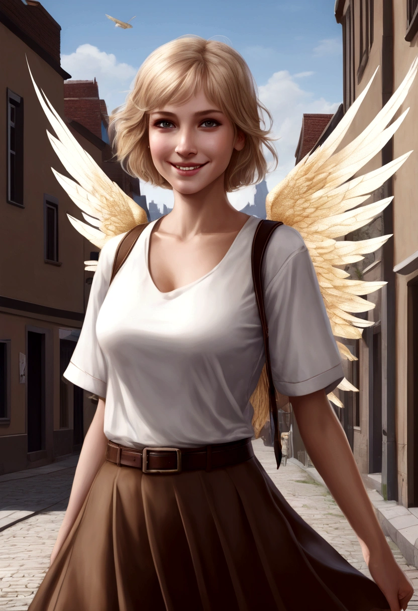 1 girl, european, fantasy, 30 years, she is wearing brown skirt, she has blond bobcut hair, she has grey eyes, she is smiling, town in the background, fantasy, realistic, detailed face, she has one angelic big wing white, flat chest