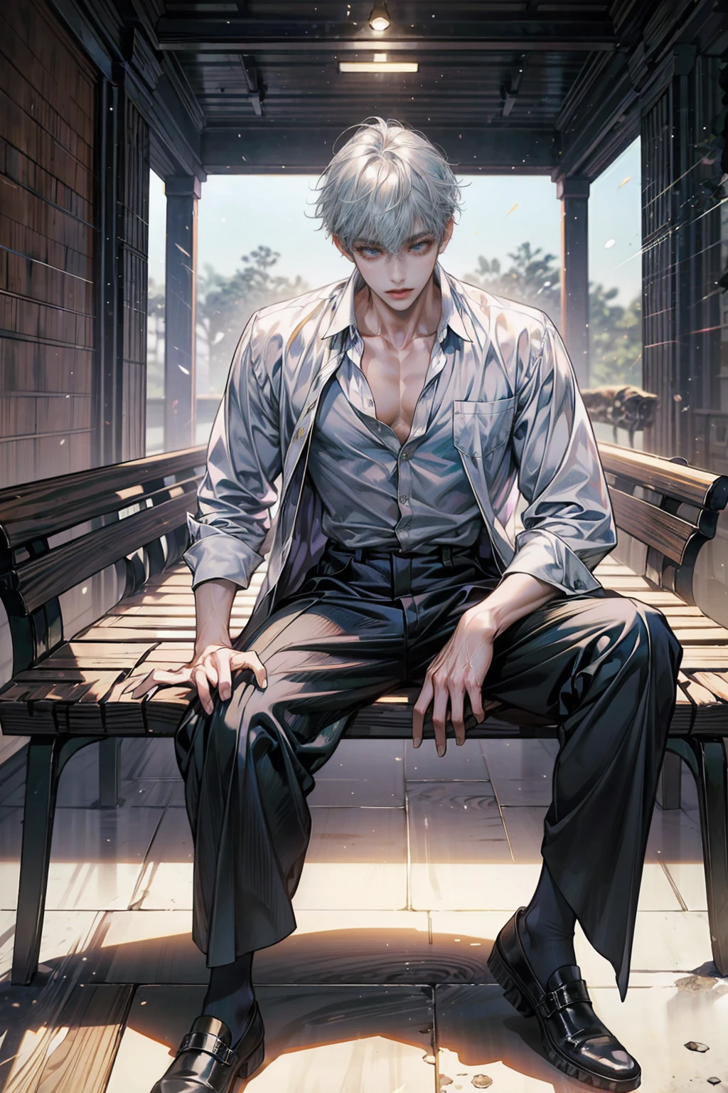Wearing white、Shirt open、Anime man sitting on a bench, Cool anime poses, Anime handsome man, male anime character, Handsome guy in the art of slaying demons, Tall anime man with blue eyes, Male Art, Fluffy chest, murata and artgerm series, Medium shot of a handsome guy, Perfect body, Kentaro Miura Art, muscular!!