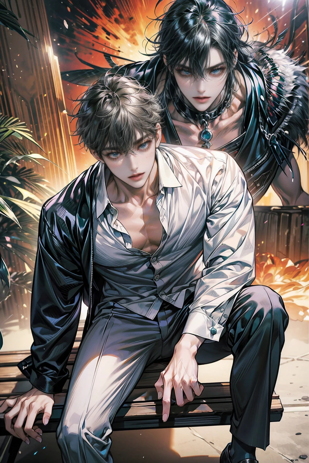 Wearing white、Shirt open、Anime man sitting on a bench, Cool anime poses, Anime handsome man, male anime character, Handsome guy in the art of slaying demons, Tall anime man with blue eyes, Male Art, Fluffy chest, murata and artgerm series, Medium shot of a handsome guy, Perfect body, Kentaro Miura Art, muscular!!