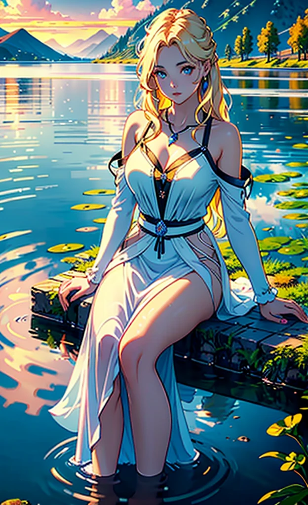 1 girl, serene expression, mesmerizing eyes, straight long hair, flowing dress, poised posture, porcelain skin, subtle blush, crystal pendant
BREAK
golden hour, (rim lighting):1.2, warm tones, sun flare, soft shadows, vibrant colors, painterly effect, dreamy atmosphere
BREAK
scenic lake, distant mountains, willow tree, calm water, reflection, sunlit clouds, peaceful ambiance, idyllic sunset, ultra detailed, official art, unity 8k wallpaper
, zentangle, mandala