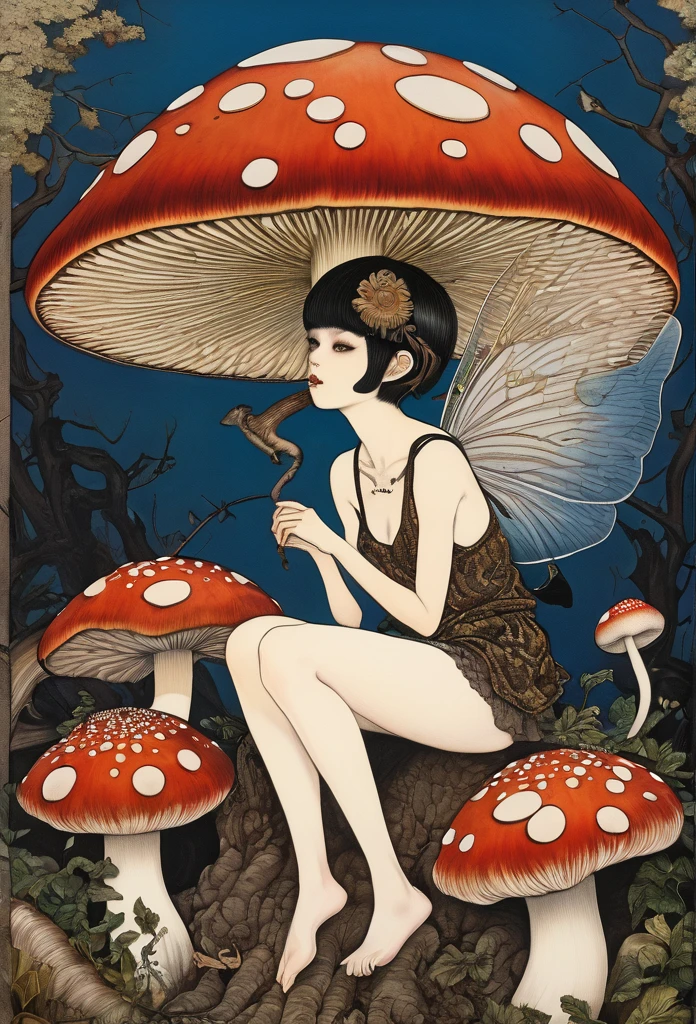 horror painting , in the style of  takato yamamoto, style of Ravi Zupa, super cute pixie,sitting on a mushroom [ hyperdetailed trippy mushroom], [hyperdetailed and hyperrealistic], fantasy real,[breath taking place], dressed in nomad clothing,clever and stylish ,pixie's wings