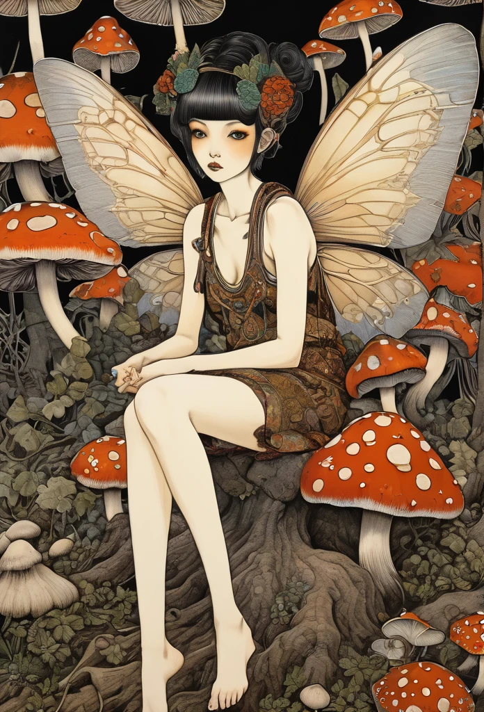 horror painting , in the style of  takato yamamoto, style of Ravi Zupa, super cute pixie,sitting on a mushroom [ hyperdetailed trippy mushroom], [hyperdetailed and hyperrealistic], fantasy real,[breath taking place], dressed in nomad clothing,clever and stylish ,pixie's wings