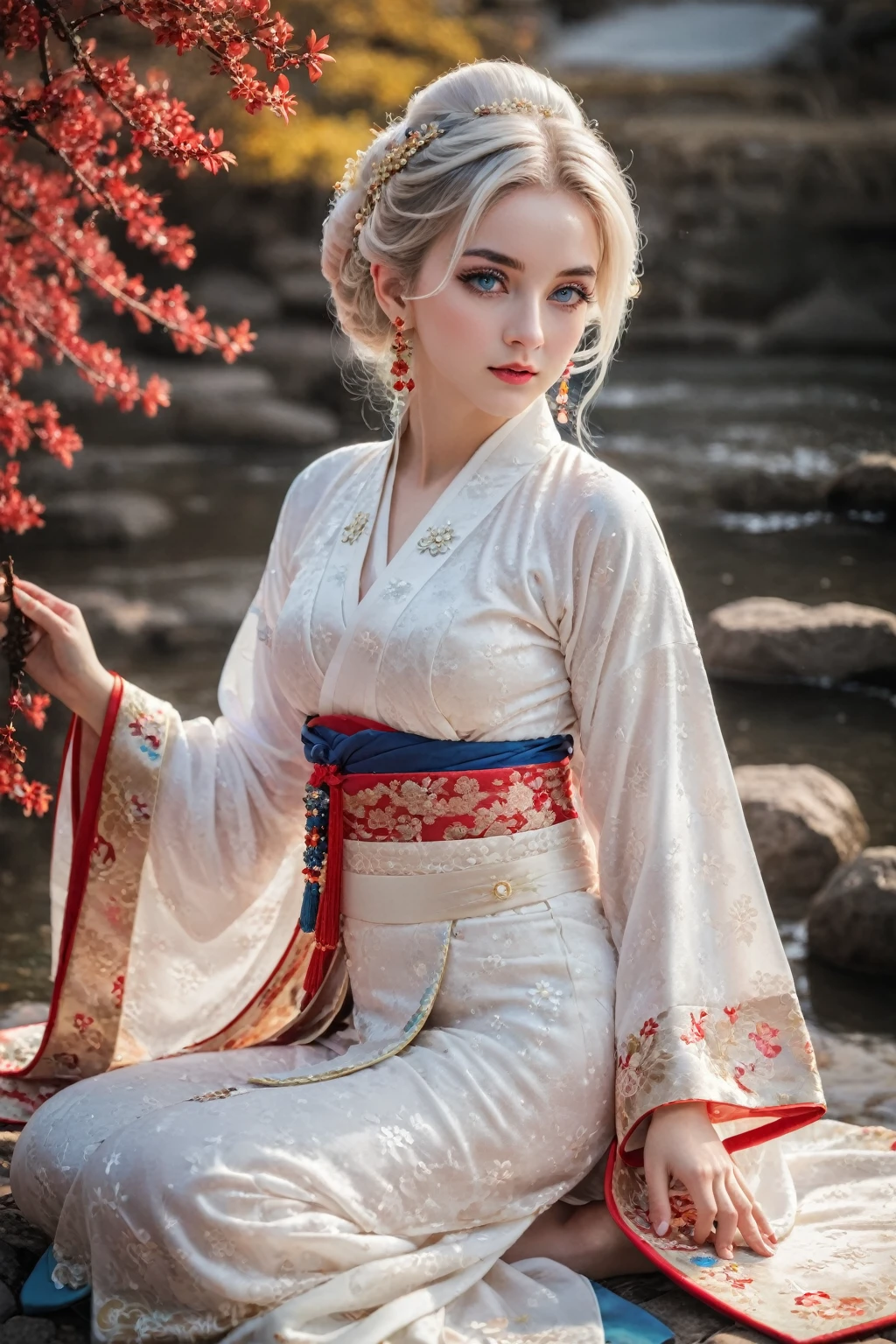 Reality, high resolution, rich and colorful, color splash, splash, 1 girl, Solitary, Hips up, beautiful eyes, White hair, Medium breasts, Exquisite Brocade Hanfu, Gorgeous accessories, Wear pearl earrings