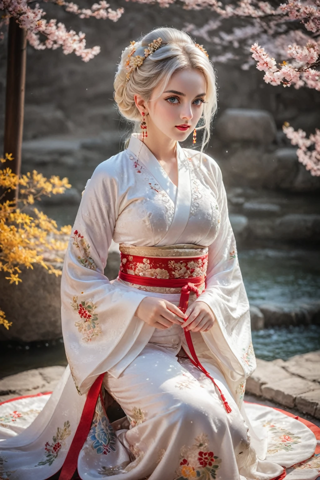 Reality, high resolution, rich and colorful, color splash, splash, 1 girl, Solitary, Hips up, beautiful eyes, White hair, Medium breasts, Exquisite Brocade Hanfu, Gorgeous accessories, Wear pearl earrings