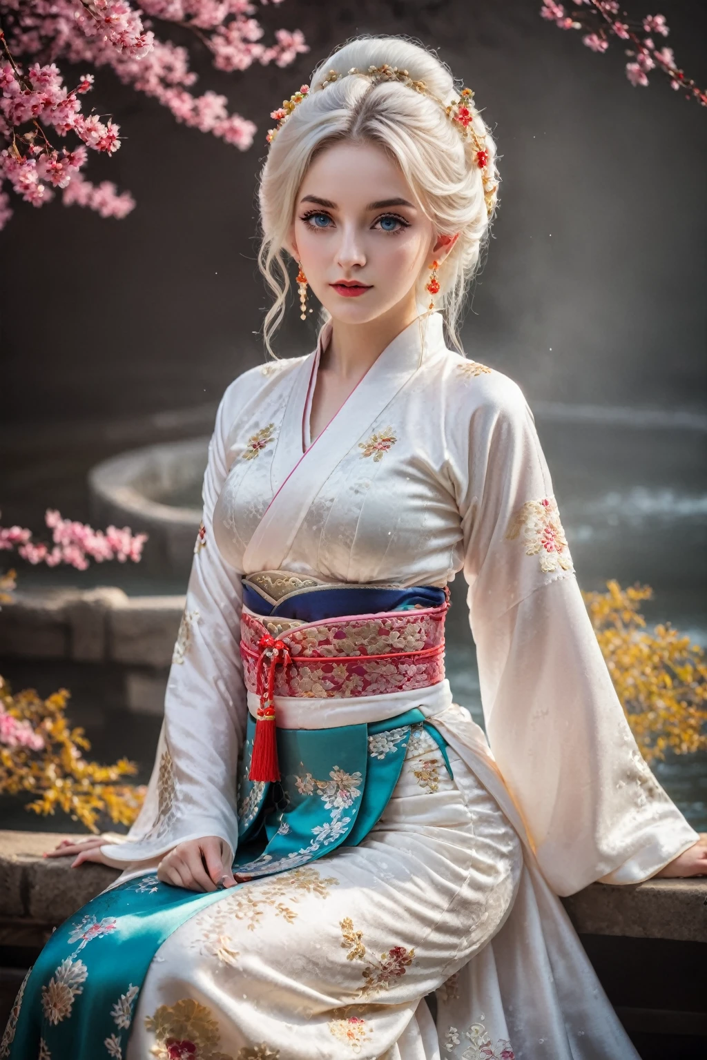 Reality, high resolution, rich and colorful, color splash, splash, 1 girl, Solitary, Hips up, beautiful eyes, White hair, Medium breasts, Exquisite Brocade Hanfu, Gorgeous accessories, Wear pearl earrings