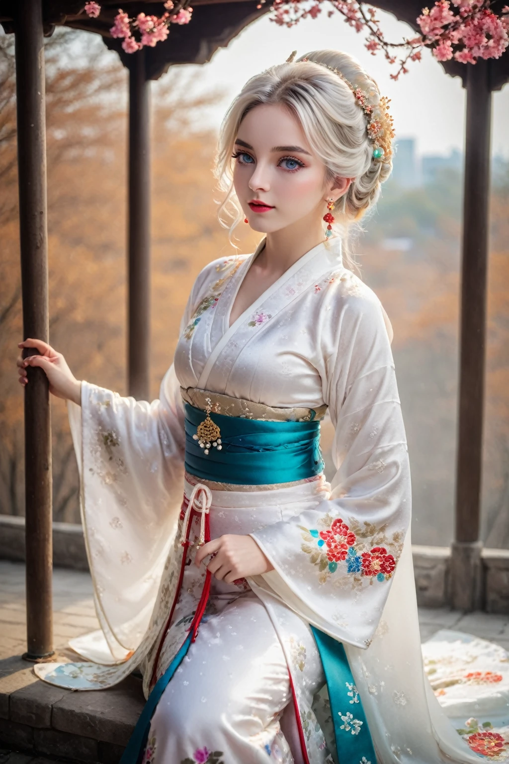 Reality, high resolution, rich and colorful, color splash, splash, 1 girl, Solitary, Hips up, beautiful eyes, White hair, Medium breasts, Exquisite Brocade Hanfu, Gorgeous accessories, Wear pearl earrings