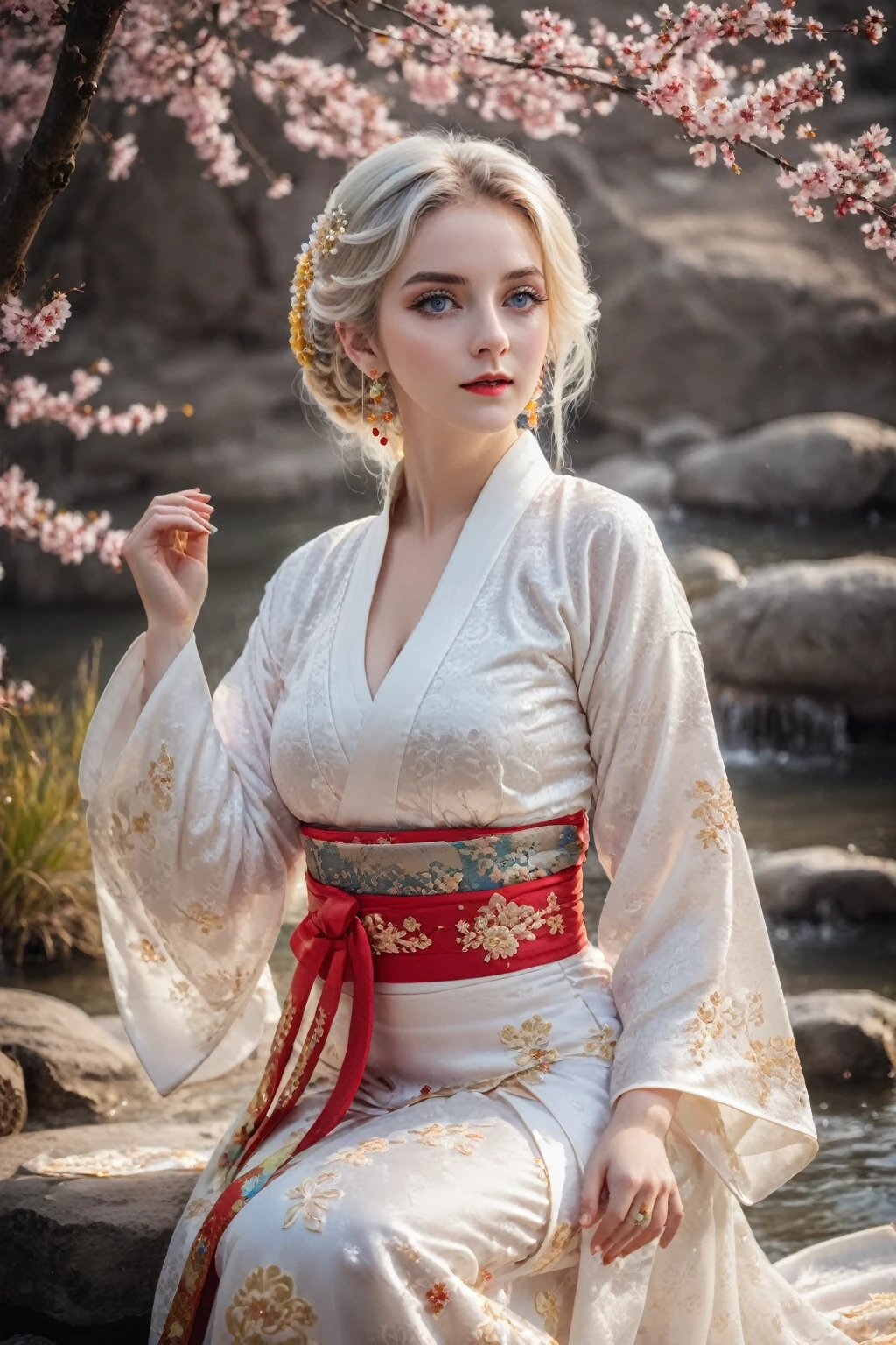 Reality, high resolution, rich and colorful, color splash, splash, 1 girl, Solitary, Hips up, beautiful eyes, White hair, Medium breasts, Exquisite Brocade Hanfu, Gorgeous accessories, Wear pearl earrings