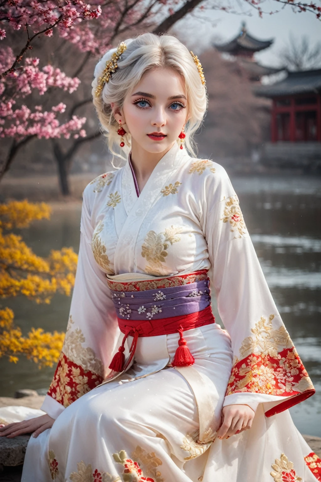 Reality, high resolution, rich and colorful, color splash, splash, 1 girl, Solitary, Hips up, beautiful eyes, White hair, Medium , Exquisite Brocade Hanfu, Gorgeous accessories, Wear pearl earrings