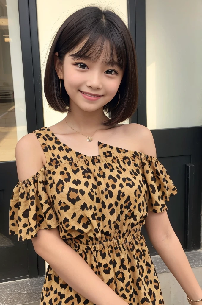 Short bob, leopard print one-shoulder, 12-year-old beautiful girl, refreshing smile