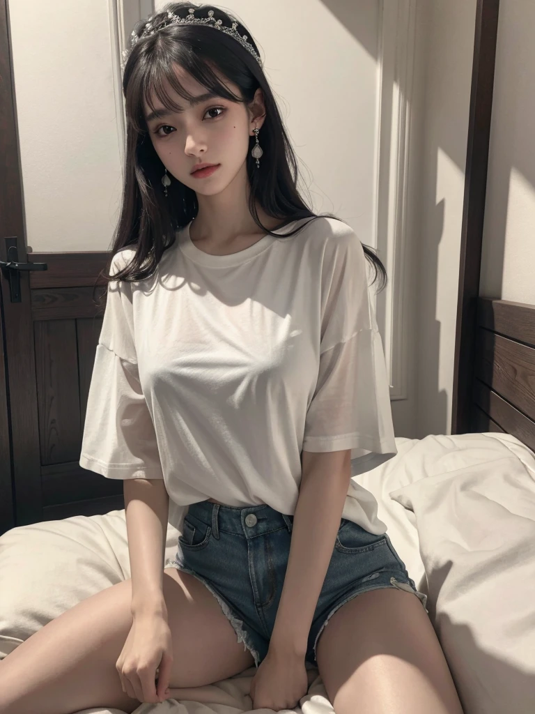 absurdres, RAW photo, extremely delicate and beautiful, masterpiece, Best Quality, ultra high resolution, 32k, hyperrealistic, ultra-detailed, delicate facial features, beautiful detailed woman, tearful mole, earring, medium breasts, full body shot, medium hair, black hair, cap, T-shirt, baggy shorts, 2 girls,