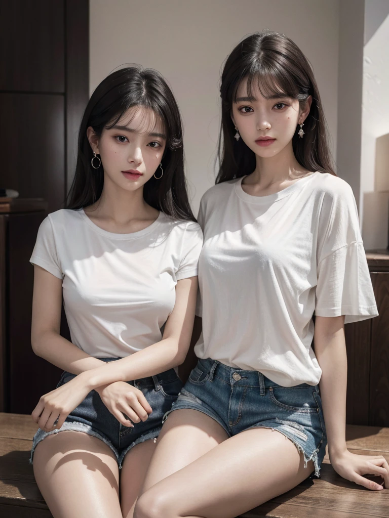 absurdres, RAW photo, extremely delicate and beautiful, masterpiece, Best Quality, ultra high resolution, 32k, hyperrealistic, ultra-detailed, delicate facial features, beautiful detailed woman, tearful mole, earring, medium breasts, full body shot, medium hair, black hair, cap, T-shirt, baggy shorts, 2 girls,