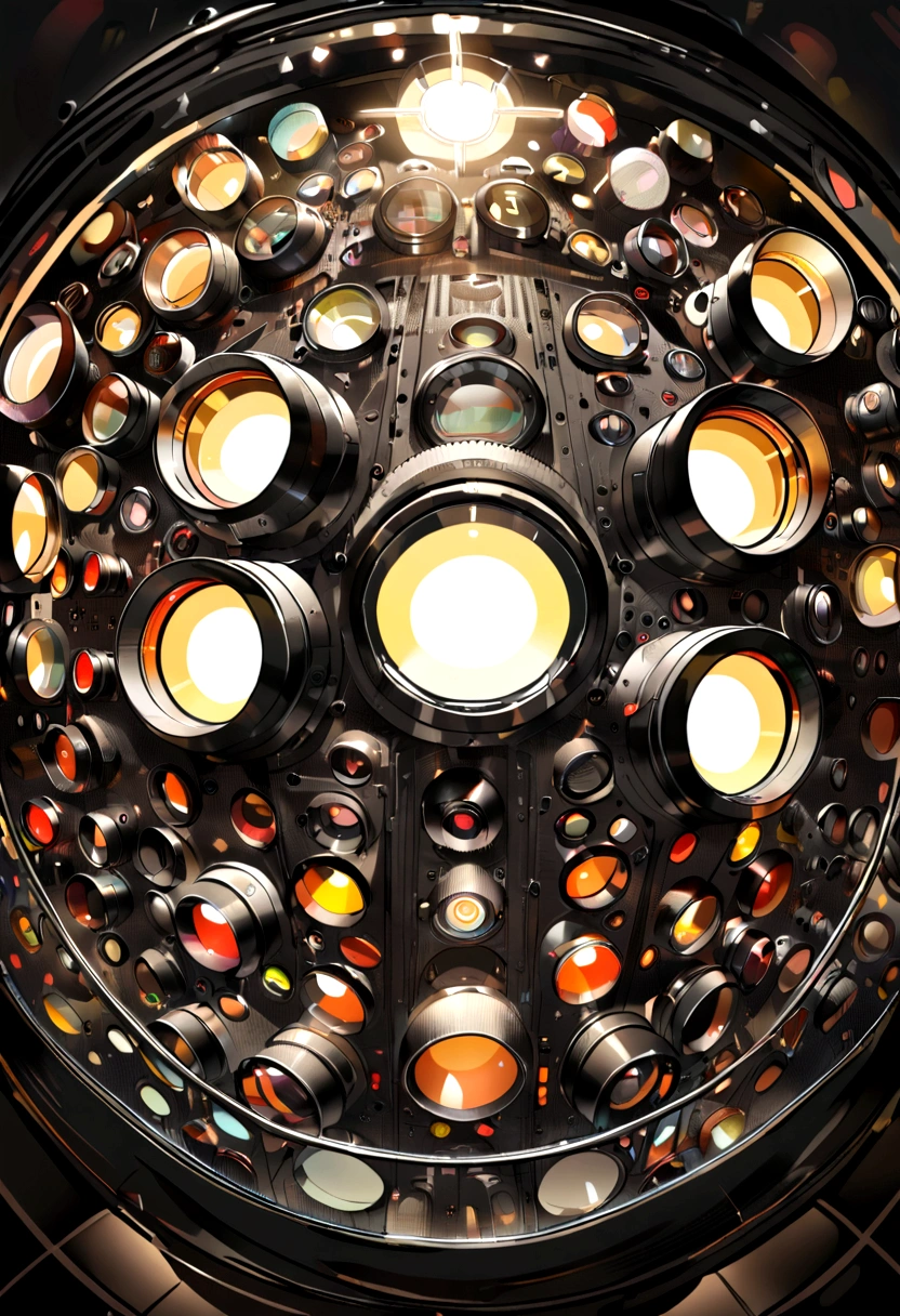 The background is a transparent square glass box,Inside the box are two small round lights that look like cameras.,Both of these small round lights are pointing to the right
