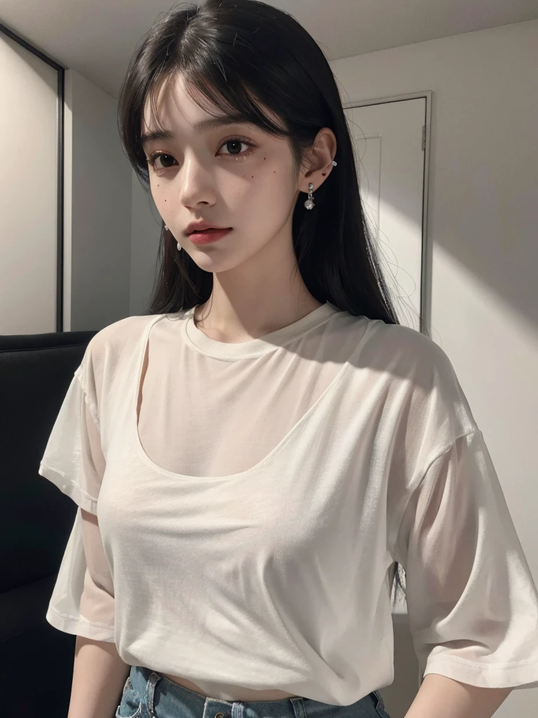 absurdres, RAW photo, extremely delicate and beautiful, masterpiece, Best Quality, ultra high resolution, 32k, hyperrealistic, ultra-detailed, delicate facial features, beautiful detailed woman, tearful mole, earring, medium breasts, full body shot, medium hair, black hair, cap, T-shirt, baggy shorts, 2 girls,