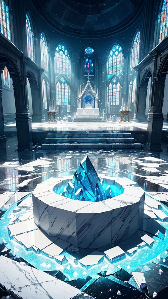 ((masterpiece, best quality)), (a super large altar, glowing ore, crystalized floor, icy, white colored tree, white colored lake, asteroid, papers everywhere, shattered floor, shattered glass, morning, )), dramatic lighting