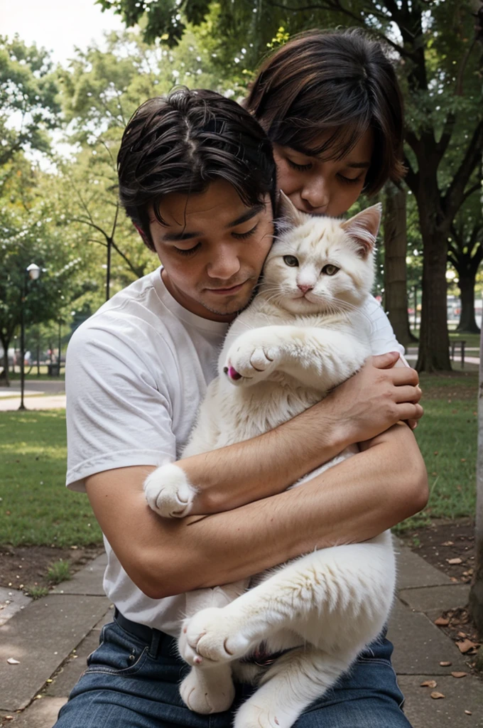 A man hugs a fluffy cat in a park 