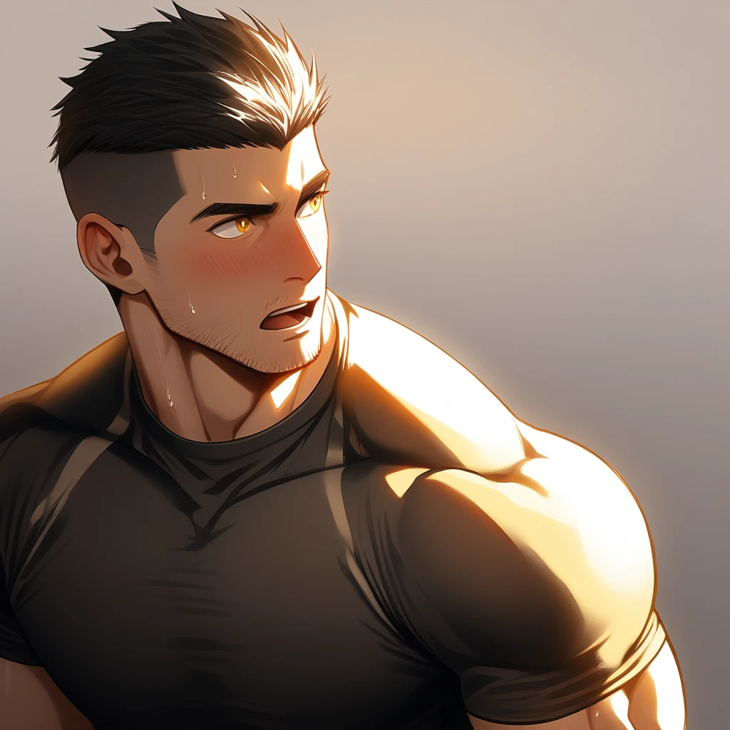 1muscular sportsman, male focus, Short Hair, Yellow and black tight T-shirt, Very tight, muscular male, muscular, only, Upper body, alone, look to the side, short hair, stubble, sweat, black hair, Yellow eyes, open lips, White background, simple background, amazing quality, best aesthetics, Ridiculous, crew cut, moaning, blush, chiaroscuro, cinematic lighting, best quality, textured skin