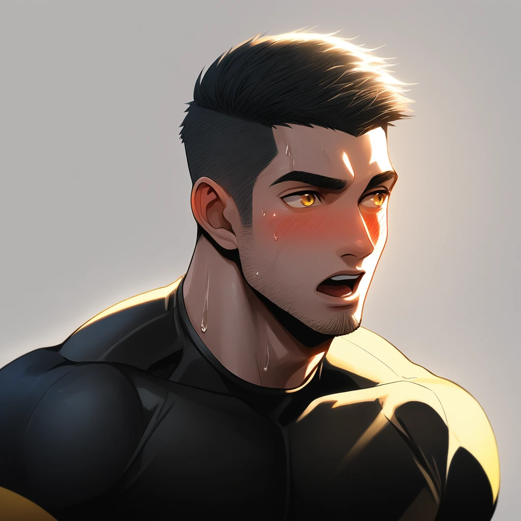 1muscular sportsman, male focus, Short Hair, Yellow and black tight T-shirt, Very tight, muscular male, muscular, only, Upper body, alone, look to the side, short hair, stubble, sweat, black hair, Yellow eyes, open lips, White background, simple background, amazing quality, best aesthetics, Ridiculous, crew cut, moaning, blush, chiaroscuro, cinematic lighting, best quality, textured skin