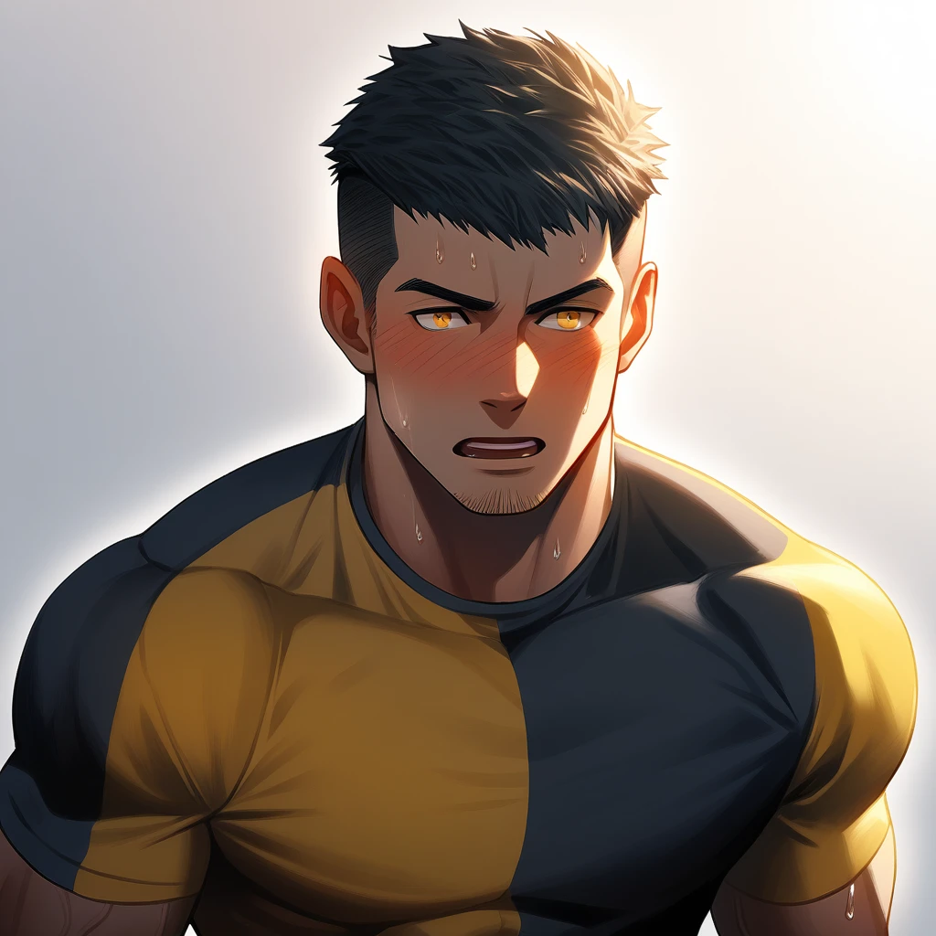 1muscular sportsman, male focus, Short Hair, Yellow and black tight T-shirt, Very tight, muscular male, muscular, only, Upper body, alone, look to the side, short hair, stubble, sweat, black hair, Yellow eyes, open lips, White background, simple background, amazing quality, best aesthetics, Ridiculous, crew cut, moaning, blush, chiaroscuro, cinematic lighting, best quality, textured skin