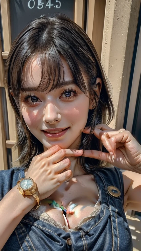 (high quality , Super detailed:1.2 ) , (Highly detailed beautiful face:1.4), ((Highest quality)), ((masterpiece)),((realistic:1.4)),smile ,beautiful woman, (be familiar with), perfect face、(8K, highest quality, masterpiece:1.2),(ultra high resolution:1.0),((Natural big breasts:1.2))
