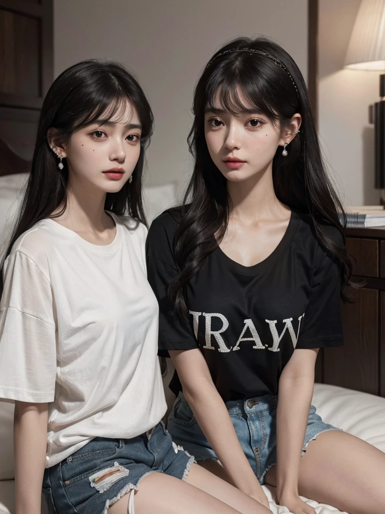 absurdres, RAW photo, extremely delicate and beautiful, masterpiece, Best Quality, ultra high resolution, 32k, hyperrealistic, ultra-detailed, delicate  features, beautiful detailed woman, tearful mole, earring, medium breasts, full body shot, medium hair, black hair, cap, T-shirt, baggy shorts, 2 girls,