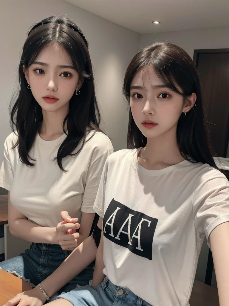 absurdres, RAW photo, extremely delicate and beautiful, masterpiece, Best Quality, ultra high resolution, 32k, hyperrealistic, ultra-detailed, delicate facial features, beautiful detailed woman, tearful mole, earring, medium breasts, full body shot, medium hair, black hair, cap, T-shirt, baggy shorts, 2 girls,