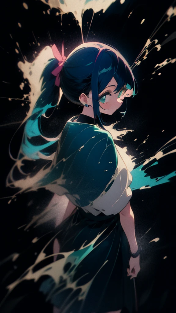 Blue-haired side ponytail，Design clothing，Seven-doppelganger shot，Anime style 4K，Anime girl with teal hair，High quality anime art style，Standing painting，Splash ink background，Blue Themes。