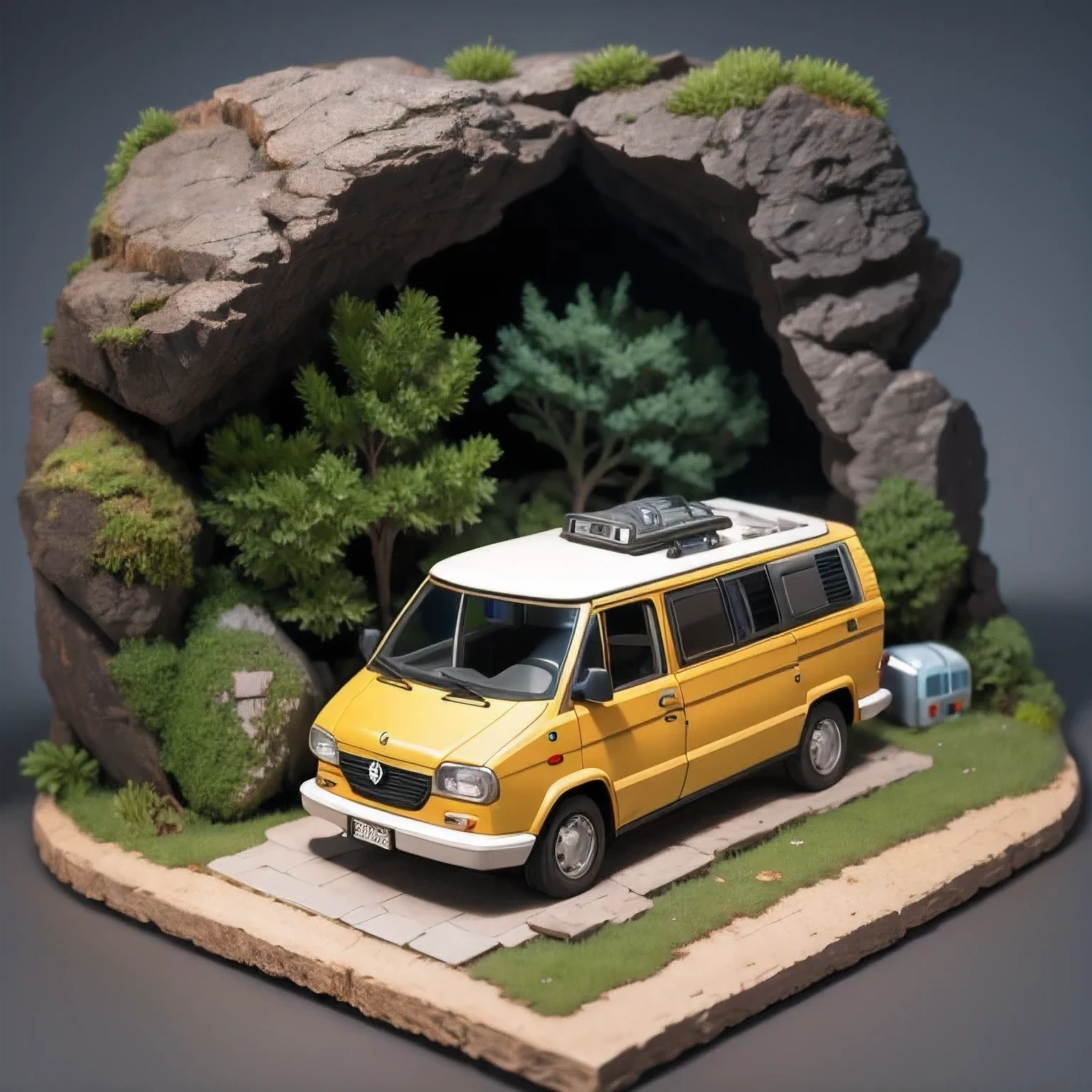 there is a small model of a camper van in a cave, stylized 3d render, 3d illustration, 3 d illustration, highly detailed diorama, 3 d low poly render, 3d low poly render, low poly 3 d, highly detailed sculpey diorama, lowpoly, low poly render, diorama model, low poly 3 d render, diorama