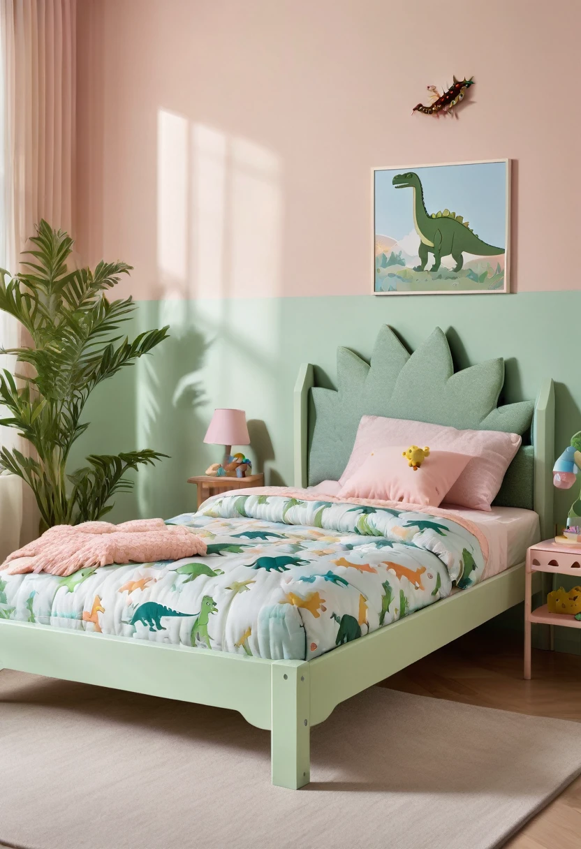 A high-resolution photograph captures a cute boy's bed with a dinosaur-patterned mattress, nestled in a minimalistic pastel-themed room. The cinematic concept features soft, diffused lighting, highlighting the intricate details of the playful dinosaur designs. The soothing pastel color mood creates a tranquil atmosphere, making the vibrant dinosaur elements stand out vividly.